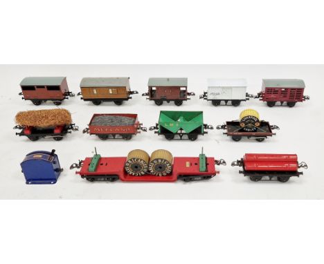 Twelve boxed Hornby 0 gauge items of rolling stock including resistance controller M267, trolley wagon with two cable drums R
