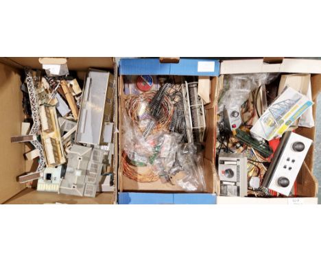 Collection of model railway 00 and H0 gauge layout accessories including buildings, track, packet Ratio trackside telegraph p
