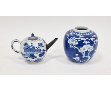 Chinese porcelain Kangxi blue and white globular teapot with replacement metal spout and a ginger jar in the prunus pattern, 