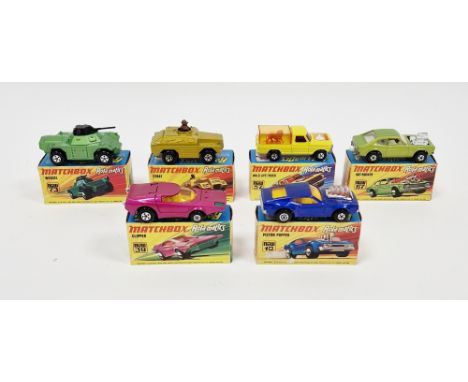 Six boxed Matchbox Rola-matics diecast model cars to include No.28 Stoat, No.57 Wild Life Truck, No.67 Hot Rocker, No.73 Weas