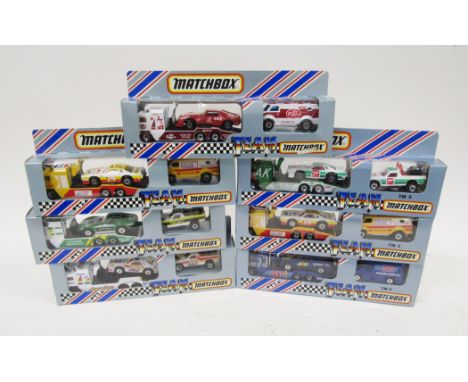 Seven boxed Matchbox team diecast model sets to include Dr Pepper, Super Brut, Super Star, TM 2 Pepsi, TM 5 7 Up, Pepsi and T