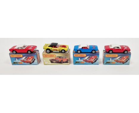 Four boxed Matchbox Superfast diecast model cars No.1 Dodge Challenger to include one in blue and orange with silver base, on