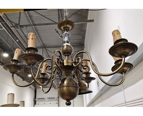 Contemporary six-light git-metal chandelier in brushed gilt-bronze style finish, with baluster stem and faux candle lights, s
