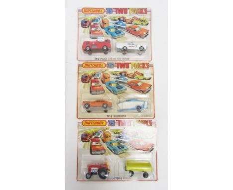 Three Matchbox diecast 75 "Two" packs including TP-2 tractor &amp; trailer, TP-2 police car and fire engine and TP-5 weekende