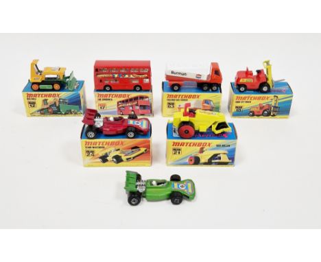 Six boxed Matchbox Superfast diecast model cars to include No.17 The Londoner, No.21 Rod Roller, No.63 Freeway Gas Tanker, No