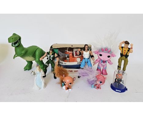 Collection of toys and action figures including Hasbro GI Joe, WCW wrestling figures, Lego figures, Mattel Little People, Pow