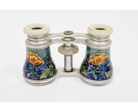 Pair of late 19th/early 20th century French opera glasses with mother of pearl eye pieces and enamelled barrels decorated wit