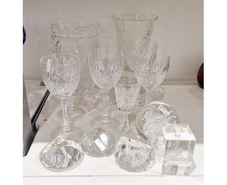 Six contemporary cut-glass wine-glasses, another smaller, two cut-glass vases, two faceted paperweights, an etched Canadian p