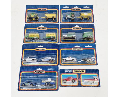 Eight carded Matchbox diecast twin packs&nbsp;including 3 cars with speed boats on trailers, Porsche car with glider on trail