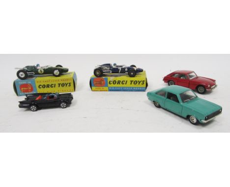 Two boxed Corgi diecast racing cars including 156 Cooper Maserati F/1 and 155 Lotus-Climax Formula 1 racing car together with
