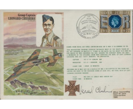 Leonard Cheshire Group Captain signed FDC, single stamp Silver Jubilee E R 1952 - 1977 plus single post mark 13 May 77. Good 
