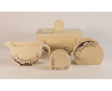 Clarice Cliff for Wilkinson, Biarritz Tureen, Milk Jug and a Large and Small Sugar Bowl (4)