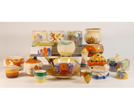 A Collection of Clarice Cliff items to include bowls, vases, cruets, cup and saucers etc. (some damages noted)