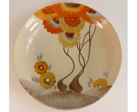 Clarice Cliff for A. J. Wilkinson, Honeyglaze Rhodanthe Pattern Shallow Centre Bowl. Diameter: 32cm