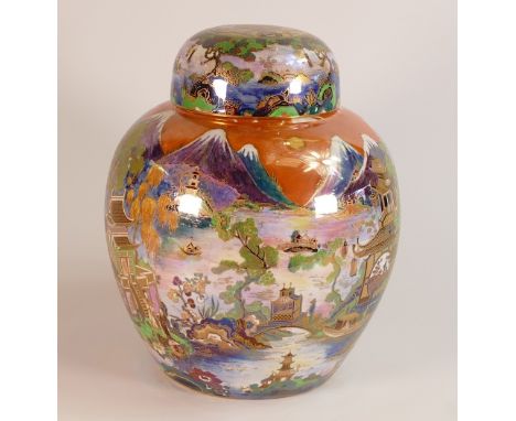 Carltonware Large Ginger Jar and Cover in the Chinaland Design. Decorated with mountainous Pagoda scenes. Height: 26cm