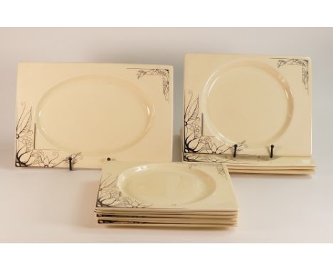 Clarice Cliff for Wilkinson, Biarritz Pattern, Four Dinner Plates, Oval Platter and Six Side Plates (11)