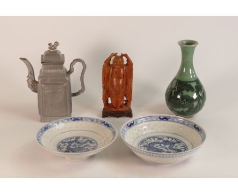 Two small Japanese Porcelain Bowls with six character marks, Soapstone Buddha, Teapot and Japanese Green Bottle Vase with two
