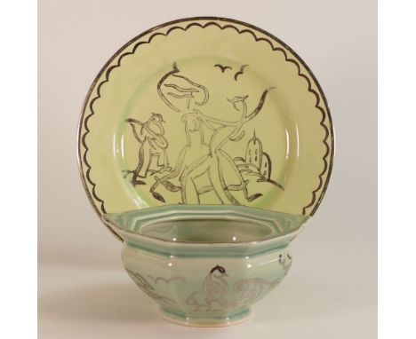 Clarice Cliff for Wilkinson, Ernest Proctor Lustre Plate together with a Lidded Pot, missing lid. (2)