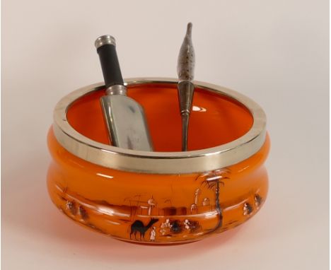 An Art Deco Orange and Plated Rim Salad Bowl together with Fish Handled Serving Spoon and Silver Plated Novelty Cricket Bat F