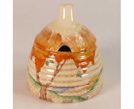 Clarice Cliff for Newport Pottery, Small Beehive Honeypot and Cover in the Orange Trees and Sunset Design with finial lid. He