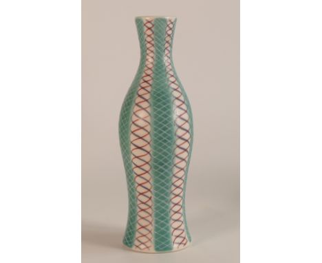 Poole Pottery Geometric Spiral Bottle Vase. Decorated in pastel teal, red and blue. Height: 19cm