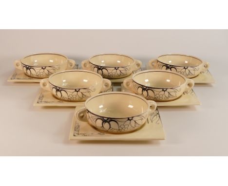 Clarice Cliff for Wilkinson, Biarritz Six Bouillon Cups including Bowls and Saucers (6)