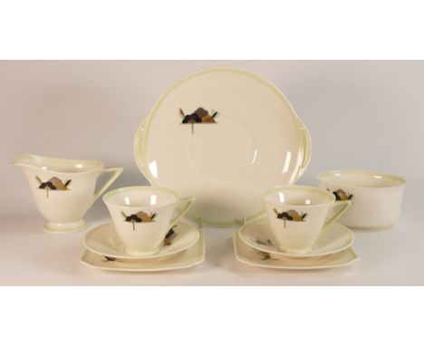 Royal Doulton Pattern Art Deco Jewel Design Part Tea Set.  Two Trios, Oval Plate, Milk jug and Sugar Bowl (9 pieces)