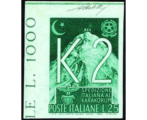 senza gomma 1955 K 2 La prova del francobollo non emesso bordo di foglio a sinistra Molto rara Cert. Bolaffi (Bol. n. 873) (S