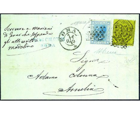 lettera-aerogramma 1867/68 Terza emissione 40 c. giallo in affrancatura mista con Regno d’Italia Vittorio riquadrato 20 c. su