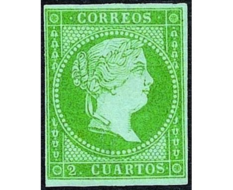 without gum 1855 - Isabel II 2 c. green on light blue paper - To be examined - Signature E.D.