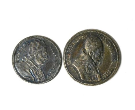 Clement XII, Year 5, 1735, by O.H., silver,  obv. portrait, r. wearing cap and cape, rev. figure of saint with angel holding 