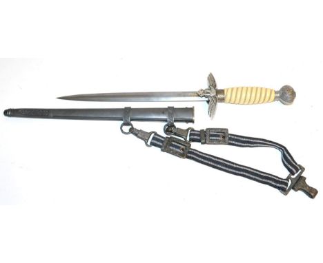 A Rare German Third Reich Luftwaffe Dagger with Damascus Blade, Second Pattern, the 35.5cm blade inlaid in gold with maker's 