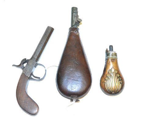 A 19th Century Percussion Pocket Pistol, with walnut slab butt, and two other items, comprising a brass-mounted leather shot 