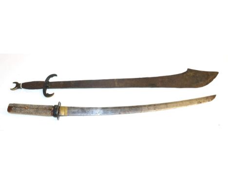 A Chinese Double Sword, Shuangjian, second half 20th century, blade length 50 cm, shaped and engraved brass crossguard, pomme