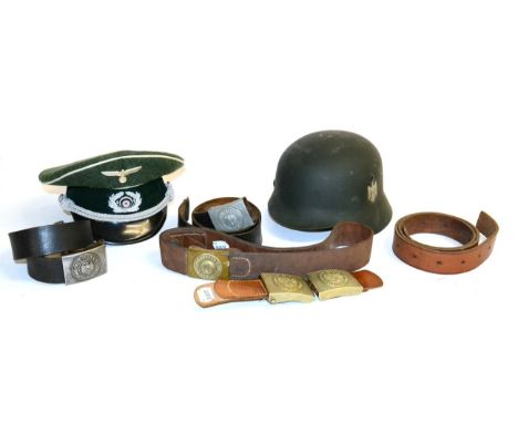 A German Third Reich Army EM's Belt, with steel buckle; another, with white metal buckle; an Imperial German Brass and White 