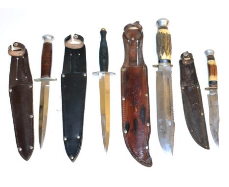 A Bowie Knife, with clip point saw back steel blade, antler grip and aluminium pommel, with leather sheath; a Similar Hunting