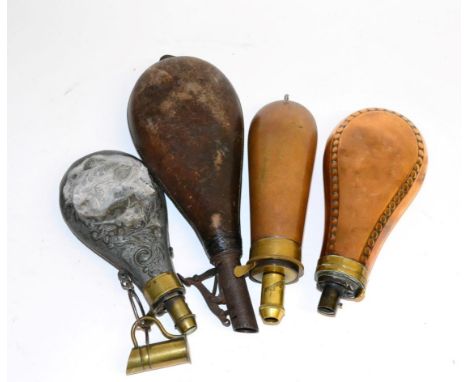 A 19th Century Copper Powder Flask, of bag shape, with external steel spring and brass charger; a Copper Powder Flask, with b