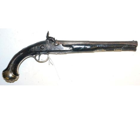 An 18th Century Silver Mounted Holster Pistol by Twigg of London, the 25cm two stage steel barrel octagonal at the breech, si