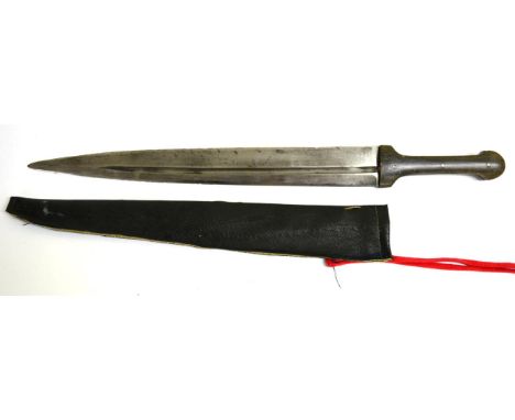 A 19th Century Caucasian Kindjal, the 38.5cm double edge steel blade with a narrow fuller to each side, with horn grip scales