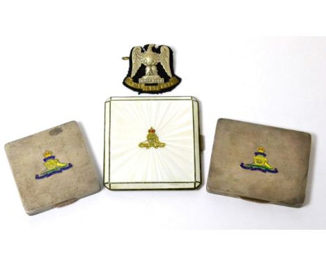 A Second World War Royal Artillery Silver and Enamel Cigarette Case, of rectangular form, with engine turned decoration, the 