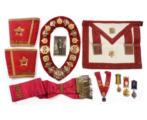 The Royal Antedeluvian Order of Buffaloes - a Set of KOM Regalia, comprising a sash, full chain collar, collarette, pair of c