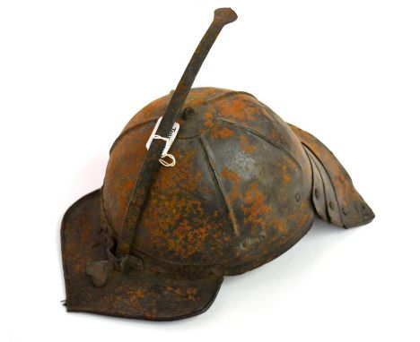 An East European Lobster Tail Helmet (Zischagge), possibly 17th Century,  the one piece skull with six ribs, set with a separ