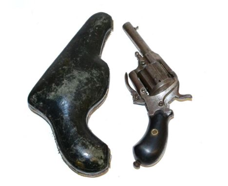 A 19th Century Continental Pinfire Six Shot Revolver, the 6cm steel barrel with button foresight, the cylinder and frame stam