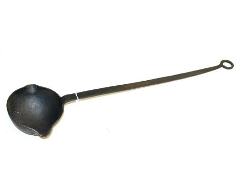 A 19th Century British Navy Wrought Iron Smelting Ladle, the bowl with two pouring lips, the handle stamped H.M.S. NAMUR and 