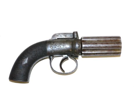 A 19th Century Six Shot Pepperbox Revolver, the 7cm cylinder with Birmingham proof marks, with bar hammer (inoperative), foli