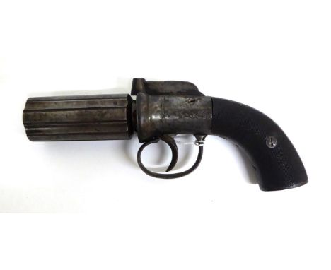 A 19th Century Percussion Six Shot Pepperbox Revolver, the 8cm steel cylinder with Birmingham proof marks, bar hammer, foliat
