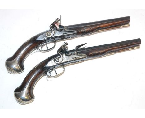 A Pair of 18th Century French Flintlock Side-by-Side Double Barrel Holster Pistols by Marcher?, Paris, each with later blued 