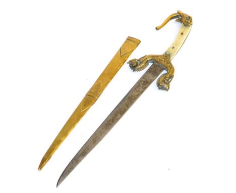 A 19th Century Burmese Knife, with 27cm single edge steel blade, the brass hilt with down-swept crossguard with dragon's head