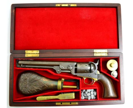 A Colt Model 1851 Navy Percussion Six Shot Single Action Revolver, .36 calibre, the 19cm octagonal steel barrel with single l