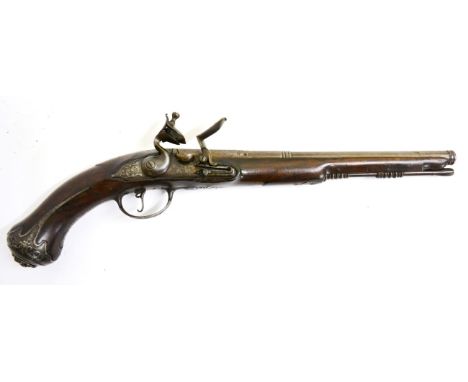 An 18th Century Italian Flintlock Holster Pistol by Lorenzoni of Florence, the 32.5cm three stage polyganol steel barrel with